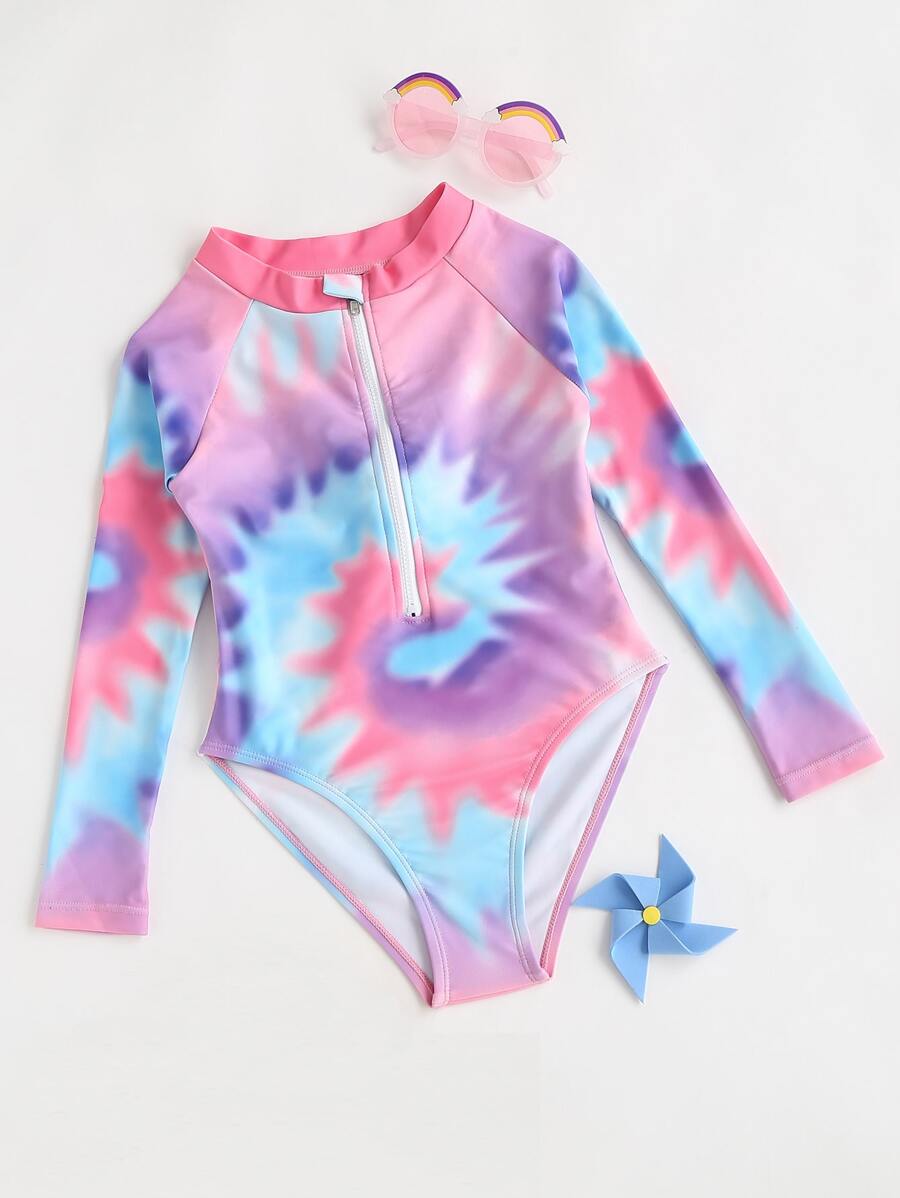 SHEIN Girls Tie Dye Zip Front One Piece Swimsuit - Multicolor - View 1