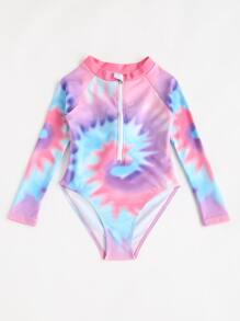 SHEIN Girls Tie Dye Zip Front One Piece Swimsuit - Multicolor - View 5