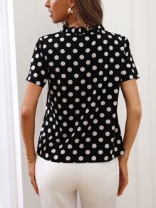 SHEIN Clasi Polka Dot Frill Trim Blouse - Black and White - View 2