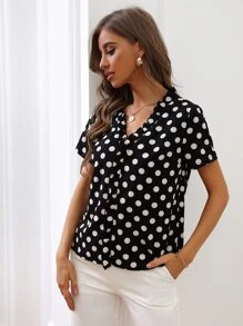 SHEIN Clasi Polka Dot Frill Trim Blouse - Black and White - View 5