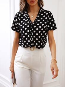 SHEIN Clasi Polka Dot Frill Trim Blouse - Black and White - View 6