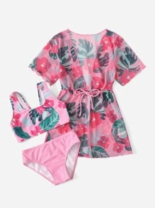 Young Girl Tropical Print Bikini Set With Kimono Summer Beach - Pink - View 1