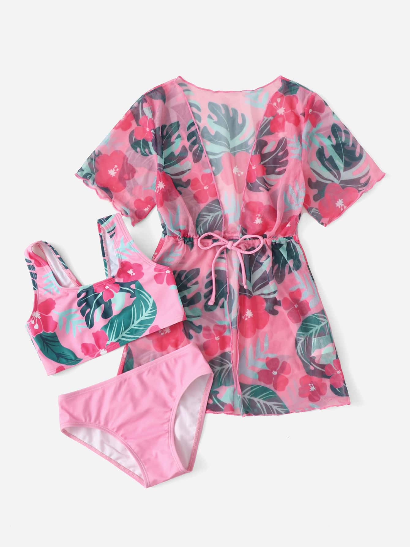 Young Girl Tropical Print Bikini Set With Kimono Summer Beach - Pink - View 1