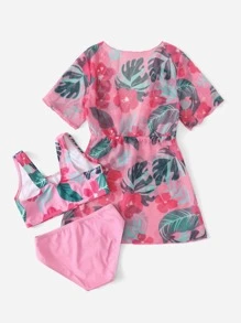 Young Girl Tropical Print Bikini Set With Kimono Summer Beach - Pink - View 2