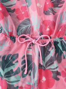 Young Girl Tropical Print Bikini Set With Kimono Summer Beach - Pink - View 3