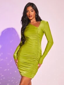 SHEIN X Georgia Toffolo Asymmetrical Neck Ruched Bodycon Dress - Olive Green - View 1