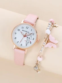 1pc Kids Cartoon Rabbit Print Dial Round Pointer Quartz Watch & 1pc Bracelet - Pink - View 1