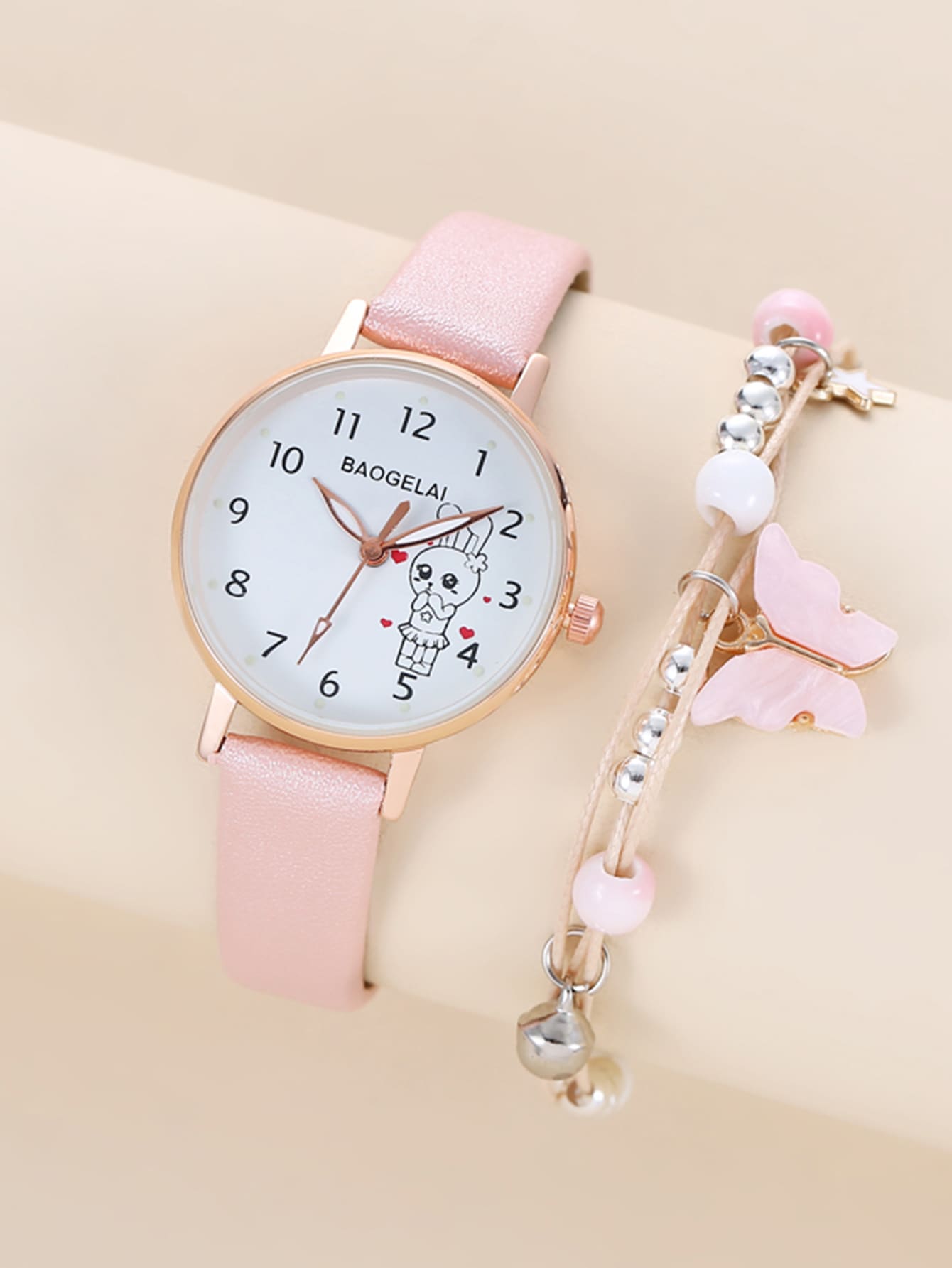 1pc Kids Cartoon Rabbit Print Dial Round Pointer Quartz Watch & 1pc Bracelet - Pink - View 1