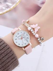1pc Kids Cartoon Rabbit Print Dial Round Pointer Quartz Watch & 1pc Bracelet - Pink - View 2