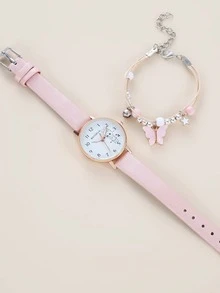 1pc Kids Cartoon Rabbit Print Dial Round Pointer Quartz Watch & 1pc Bracelet - Pink - View 3