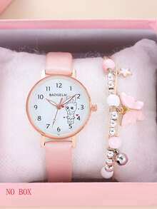 1pc Kids Cartoon Rabbit Print Dial Round Pointer Quartz Watch & 1pc Bracelet - Pink - View 4
