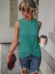 SHEIN Unity Áo hai dây Cắt ra xoắn lại màu trơn Giải trí - màu xanh lá - Xem 4