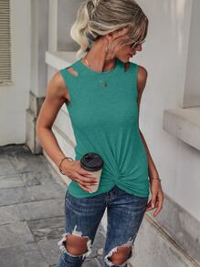 SHEIN Unity Áo hai dây Cắt ra xoắn lại màu trơn Giải trí - màu xanh lá - Xem 5