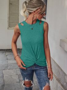 SHEIN Unity Áo hai dây Cắt ra xoắn lại màu trơn Giải trí - màu xanh lá - Xem 6