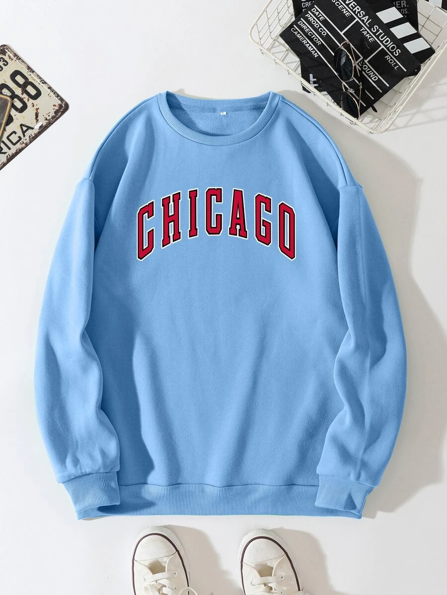 Men Letter Graphic Thermal Lined Sweatshirt - Baby Blue - View 1