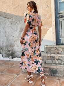 滿版印花蝴蝶袖側打結圍裹式連衣裙 - 粉色 - 查看 2