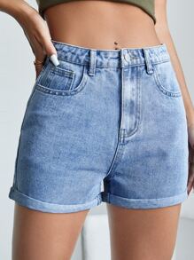 SHEIN EZwear High Waist Roll Hem Denim Shorts - Light Wash - View 4