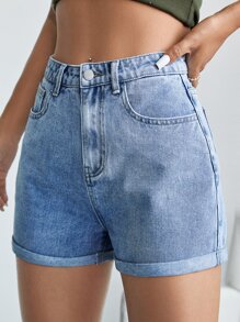 SHEIN EZwear High Waist Roll Hem Denim Shorts - Light Wash - View 5