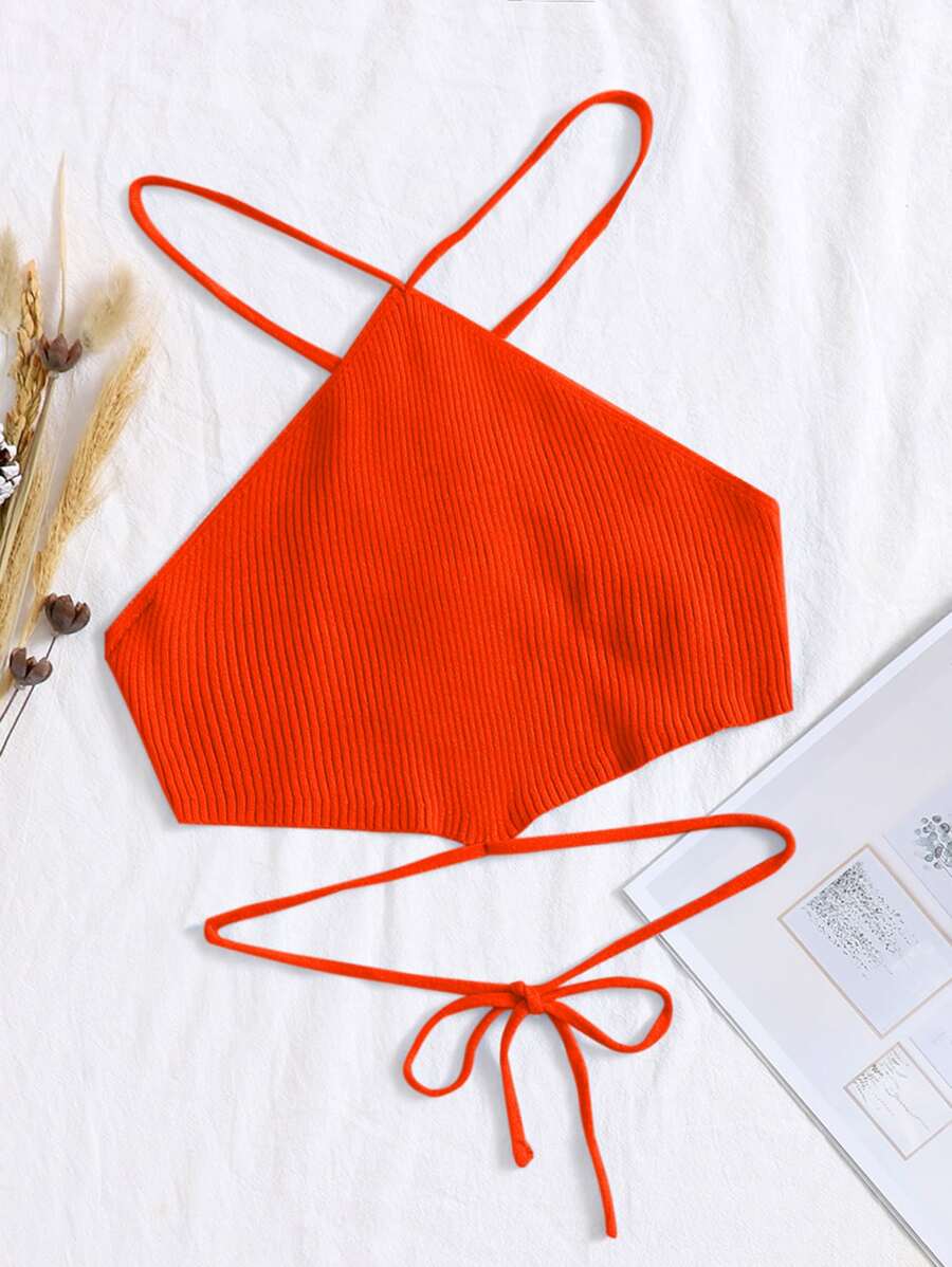 Crisscross Knotted Backless Rib Knit Top - Burnt Orange - View 1