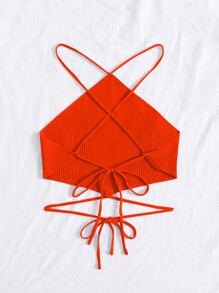 Crisscross Knotted Backless Rib Knit Top - Burnt Orange - View 2
