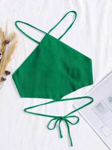 Crisscross Knotted Backless Rib Knit Top - Green - View 1
