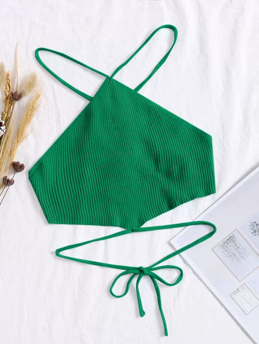 Crisscross Knotted Backless Rib Knit Top - Green - View 1