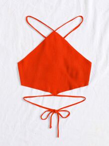 Crisscross Knotted Backless Rib Knit Top - Burnt Orange - View 3