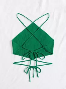 Crisscross Knotted Backless Rib Knit Top - Green - View 2