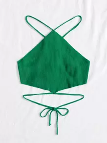 Crisscross Knotted Backless Rib Knit Top - Green - View 3