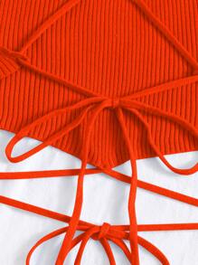 Crisscross Knotted Backless Rib Knit Top - Burnt Orange - View 5