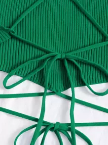 Crisscross Knotted Backless Rib Knit Top - Green - View 5