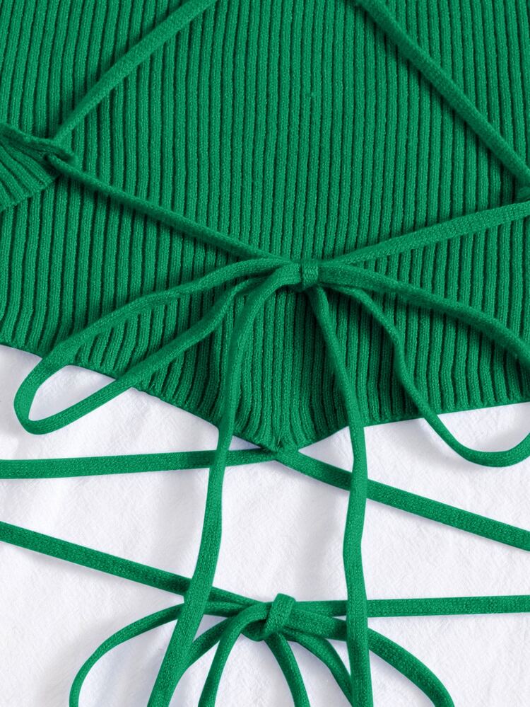 Crisscross Knotted Backless Rib Knit Top - Green - View 5