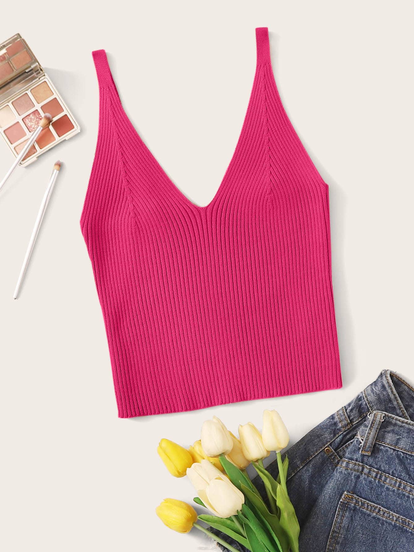 SHEIN Unity Ribbed V-Neck Crop Top - Hot Pink - View 1
