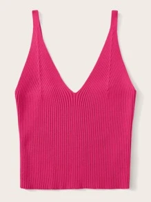SHEIN Unity Ribbed V-Neck Crop Top - Hot Pink - View 4