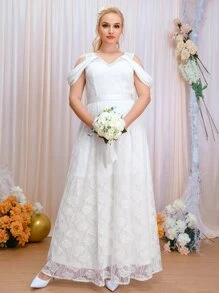 SHEIN Belle Vestido de novia de hombros descubiertos maxi con encaje - Blanco - Ver 5
