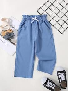 SHEIN 小女孩纸袋腰蝴蝶结裤 儿童蓝色裤子 儿童宽松裤子 儿童宽裤 小女孩长裤 - 藍色 - 查看 1