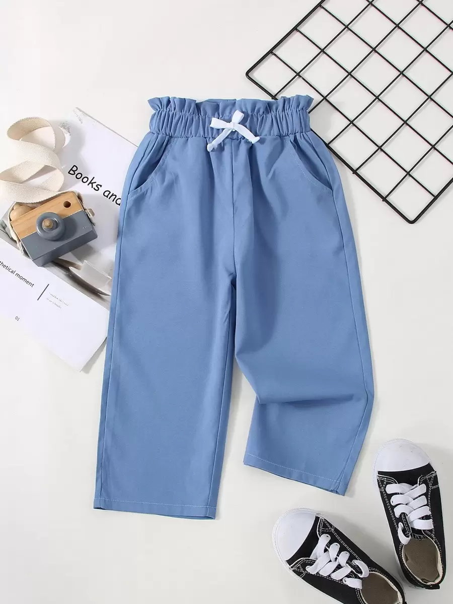 SHEIN 小女孩纸袋腰蝴蝶结裤 儿童蓝色裤子 儿童宽松裤子 儿童宽裤 小女孩长裤 - 藍色 - 查看 1