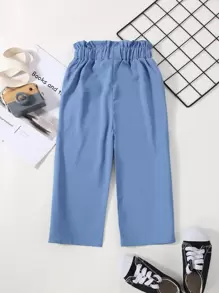 SHEIN 小女孩纸袋腰蝴蝶结裤 儿童蓝色裤子 儿童宽松裤子 儿童宽裤 小女孩长裤 - 藍色 - 查看 2