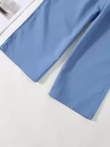 SHEIN 小女孩纸袋腰蝴蝶结裤 儿童蓝色裤子 儿童宽松裤子 儿童宽裤 小女孩长裤 - 藍色 - 查看 3