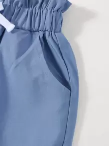 SHEIN 小女孩纸袋腰蝴蝶结裤 儿童蓝色裤子 儿童宽松裤子 儿童宽裤 小女孩长裤 - 藍色 - 查看 4