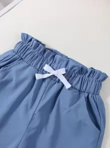 SHEIN 小女孩纸袋腰蝴蝶结裤 儿童蓝色裤子 儿童宽松裤子 儿童宽裤 小女孩长裤 - 藍色 - 查看 5