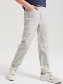 SHEIN Tween Boy Simple Preppy Daily Casual Elastic Waist Slim Jeans With Flat Pockets - Light Grey - View 1