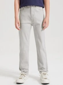 SHEIN Tween Boy Simple Preppy Daily Casual Elastic Waist Slim Jeans With Flat Pockets - Light Grey - View 5