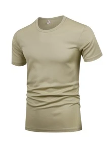 男士素色圓領T恤 - 卡其色 - 查看 1