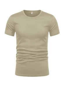 男士素色圓領T恤 - 卡其色 - 查看 3