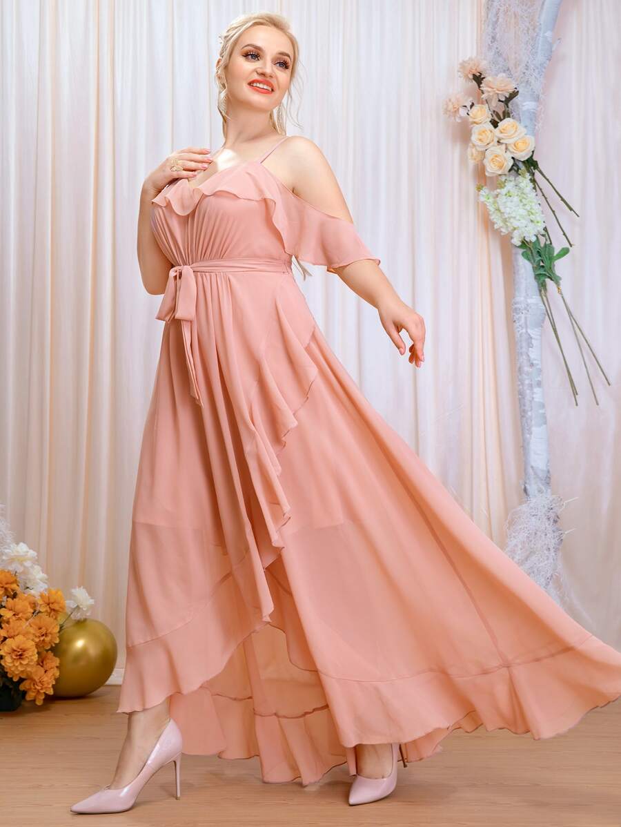 SHEIN Belle Plus Ruffle Trim Cold Shoulder Wrap Belted Bridesmaid Dress - Pink - View 1