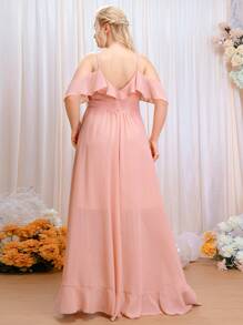 SHEIN Belle Plus Ruffle Trim Cold Shoulder Wrap Belted Bridesmaid Dress - Pink - View 2