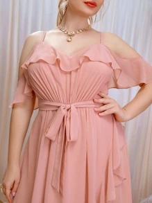 SHEIN Belle Plus Ruffle Trim Cold Shoulder Wrap Belted Bridesmaid Dress - Pink - View 3