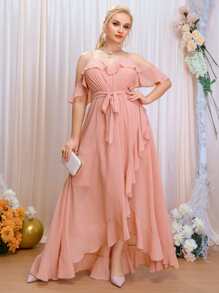 SHEIN Belle Plus Ruffle Trim Cold Shoulder Wrap Belted Bridesmaid Dress - Pink - View 4