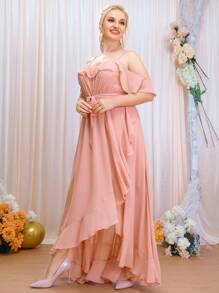SHEIN Belle Plus Ruffle Trim Cold Shoulder Wrap Belted Bridesmaid Dress - Pink - View 5